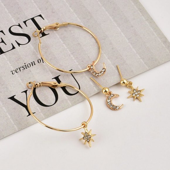 Gold Star Moon Stud & Hoop Earrings Set - Picture 5 of 7